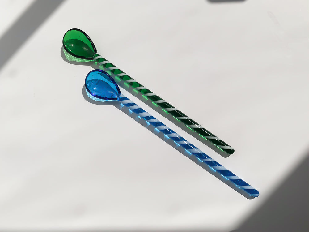 Glass stirrer and spoon set in green and blue, two pieces