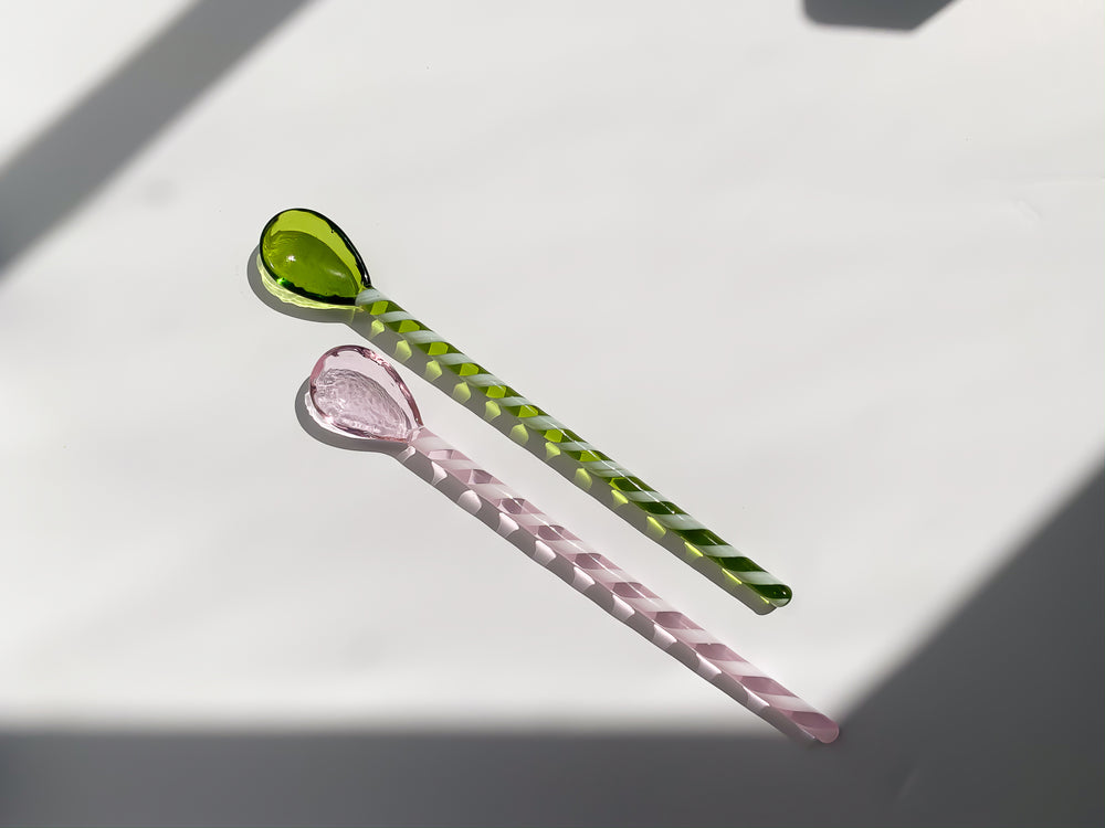 Glass stirrer and spoon set in pink and mint, two pieces